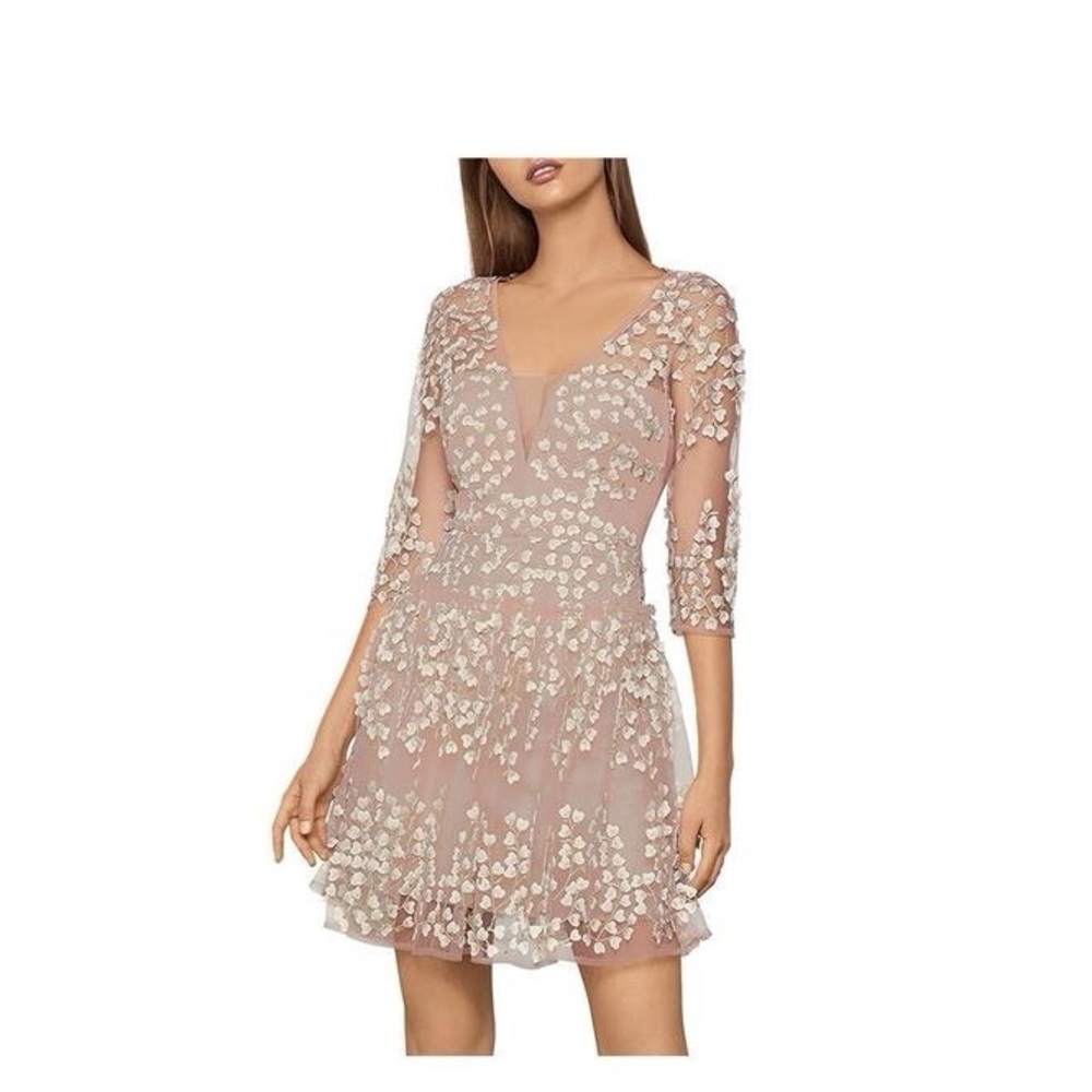 BCBG MAXAZRIA Womens Pink Sheer Floral 3/4 Sleeve V Neck